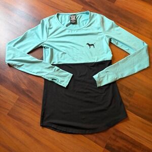 Victoria's Secret PINK Ultimate Aqua Black Long Sleeve Athletic Top XS Thumbhole